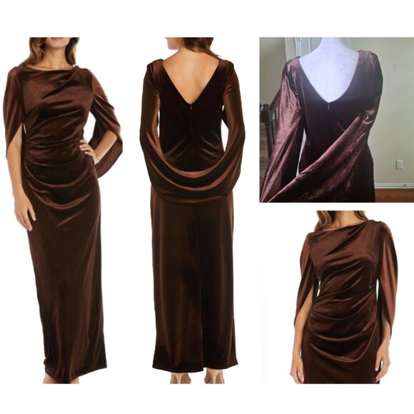 R&M Richards Velvet Ruched Cape Long Gown Sz 8 Wedding Guest Evening Formal MOB - Picture 1 of 17